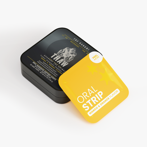 THAW hangover support strips tin, mango and orange flavour