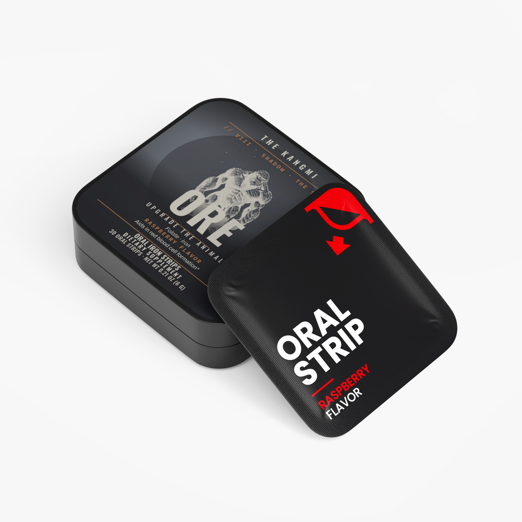 ORE oral iron strips tin, raspberry flavour