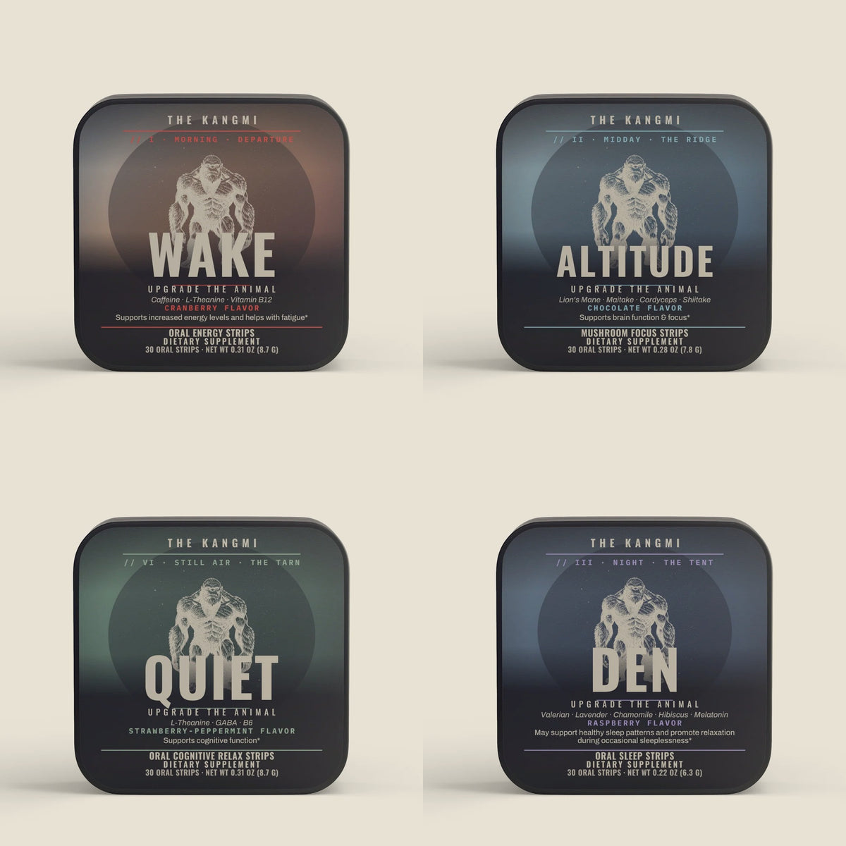 THE CACHE · four THE KANGMI tins, WAKE ALTITUDE QUIET and DEN, 30 oral strips each